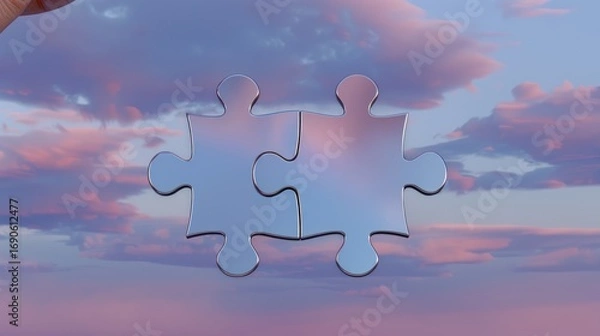 Fototapeta Two Puzzle Pieces Floating in Sky with Pink and Blue Clouds