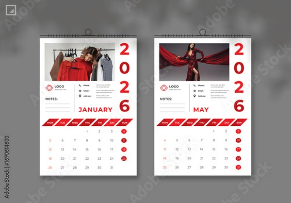 Fototapeta 2026 Year Wall Calendar Layout with Red Accent
