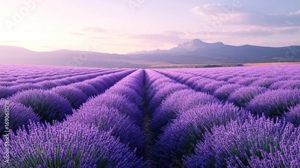 Fototapeta Expansive field of lavender flowers stretches towards distant mountains under a soft sunset