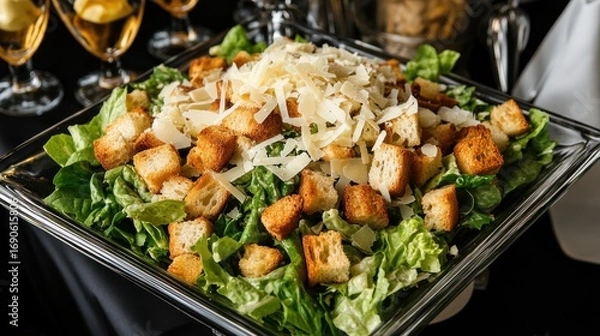 Fototapeta Fresh Caesar salad with croutons & parmesan, ready to serve. Champagne flutes blurred in background