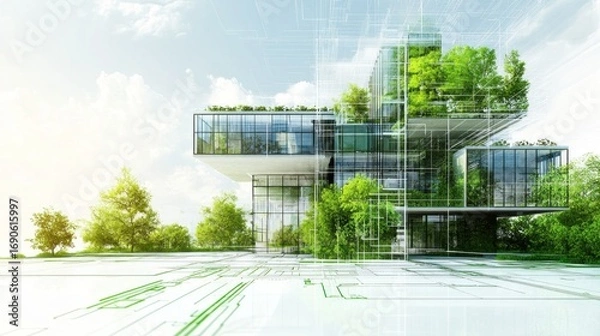 Fototapeta Futuristic architectural design blends natural elements with modern transparent construction