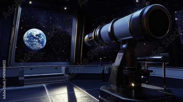 Fototapeta Futuristic room with large telescope focused on planet Earth through a window to space