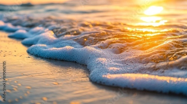 Fototapeta Gentle waves foam and reflect golden sunlight at the edge of a beach during a serene sunset