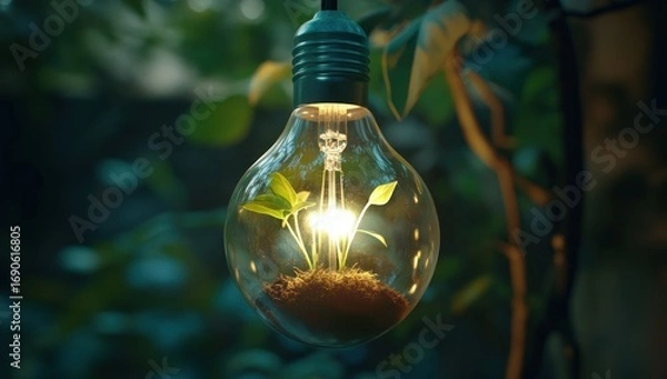 Fototapeta Glowing lightbulb with a sprout inside, surrounded by blurred green foliage