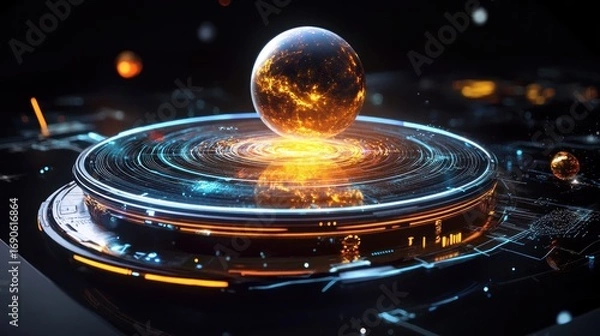 Fototapeta Glowing spherical object atop a digital platform, with orbiting energy rings. Dark futuristic design