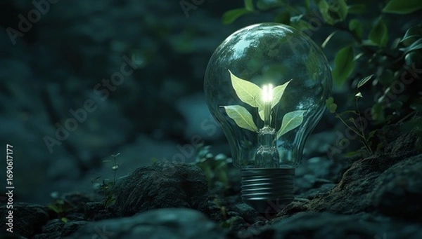 Fototapeta Illuminated lightbulb with growing plant inside, set against a dark, rocky environment