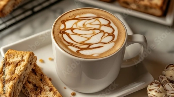 Fototapeta Latte with caramel swirl art, served with biscotti and chocolate on a white tray