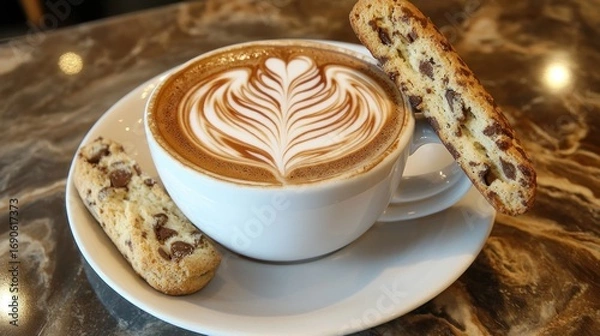 Fototapeta Latte with intricate foam art, chocolate biscotti on marble table