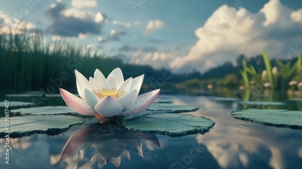 Fototapeta Lotus flower floating on water with reflections and blurred landscape, sunlight, and reeds
