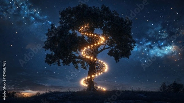 Fototapeta Luminous string lights spiral up a tree under a star-filled night sky, a magical scene