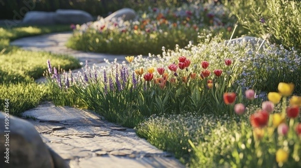 Fototapeta Lush garden path winds through vibrant flowerbeds under sunlight, with stone and greenery