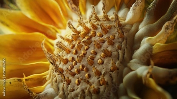 Fototapeta Macro shot of a sunflower head's central disc, showing textures, shapes, and dried petals