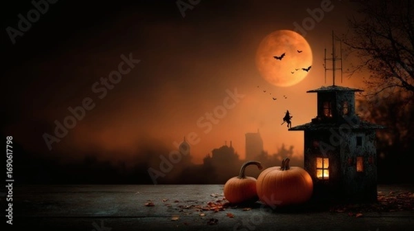 Fototapeta Vintage retro halloween poster, old school typography, classic pumpkins, flying bats, witches silhouette, distressed paper texture, nostalgic spooky design, halloween retro typography art, vintage 