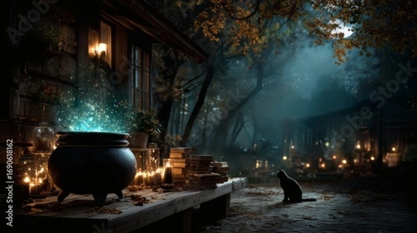 Fototapeta Halloween witch brewing potion, glowing cauldron, spell books, black cat, flying broomstick, haunted forest background, magical witch fantasy art, spooky halloween witch scene, glowing potion 