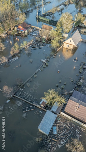 Fototapeta Global warming,climate change.Tsunami.Storms and destruction.Floods on the planet.The apocalypse, catastrophes.Natural disasters the riot.The remnants of human life are floating in dirty water.The end