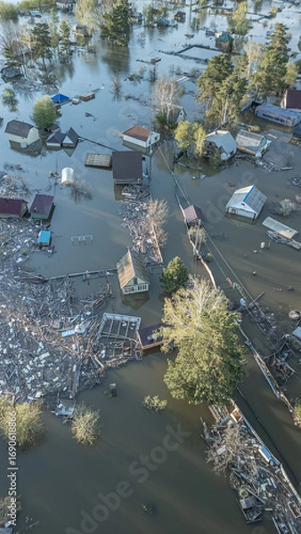 Fototapeta Global warming,climate change.Tsunami.Storms and destruction.Floods on the planet.The apocalypse, catastrophes.Natural disasters the riot.The remnants of human life are floating in dirty water.The end