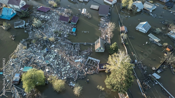 Fototapeta Global warming,climate change.Tsunami.Storms and destruction.Floods on the planet.The apocalypse, catastrophes.Natural disasters the riot.The remnants of human life are floating in dirty water.The end