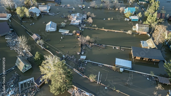 Fototapeta Global warming,climate change.Tsunami.Storms and destruction.Floods on the planet.The apocalypse, catastrophes.Natural disasters the riot.The remnants of human life are floating in dirty water.The end