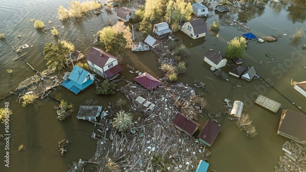 Fototapeta Global warming,climate change.Tsunami.Storms and destruction.Floods on the planet.The apocalypse, catastrophes.Natural disasters the riot.The remnants of human life are floating in dirty water.The end