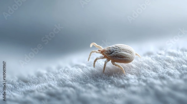 Fototapeta Microscopic dust mite crawling across white fabric, triggering allergic reactions, respiratory issues, and skin irritation with close up macro detail