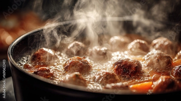 Obraz Hot meatball stew in clay pot with herbs
