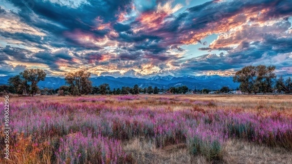 Fototapeta Vast Lavender Field Under Colorful Sunset Sky with Mountain Range and Trees