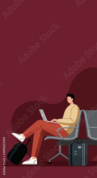 Obraz A person sitting in a waiting area, working on a laptop with luggage nearby, illustrating remote work, business travel, or productive leisure.