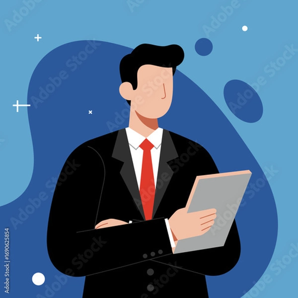 Fototapeta Professional businessman in a suit holds a document, embodying corporate success, strategy, and leadership. Ideal for business, finance, and management concepts.