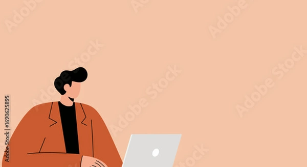 Obraz Illustration of a businessman working on a laptop with ample copy space. Ideal for business, technology, or digital lifestyle concepts.