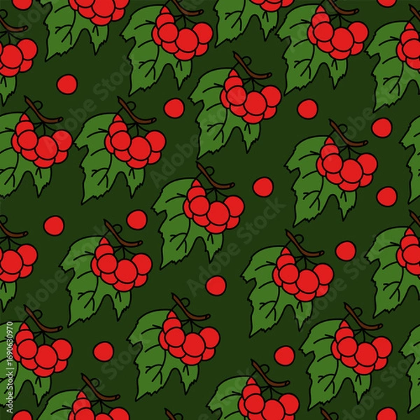 Fototapeta Seamless pattern of a twig of viburnum with a leaf and red berries, a plant in a doodle style on a dark green background illustration