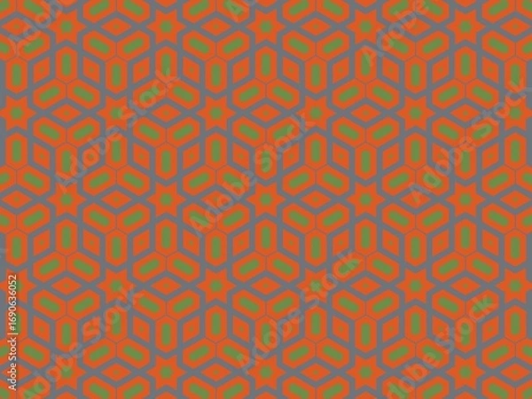 Obraz Geometric pattern with stars and diamonds in orange, green, and gray, seamless design.
