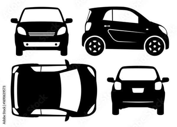 Fototapeta Small car silhouette on white background. Vehicle icons set view from side, front, back, and top