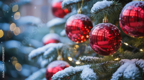 Fototapeta Close up of sparkling red baubles hanging on a snow covered christmas tree with soft bokeh lights