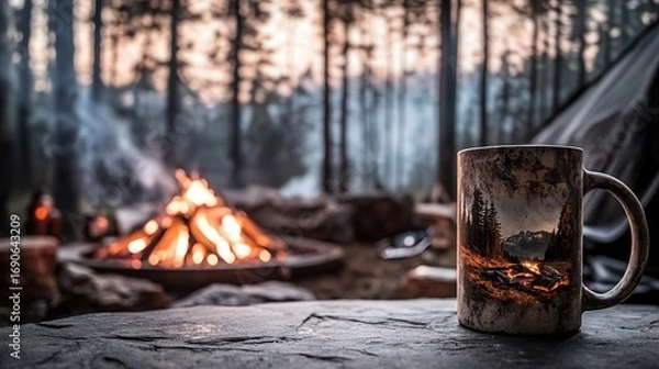 Fototapeta A cozy campsite scene featuring a warm campfire, surrounded by trees, with a reflective mug resting on a stone surface.