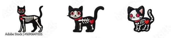 Fototapeta Black cat skeleton embroidery patch with heart motif playful halloween charm and stitched texture evoking whimsical spooky style