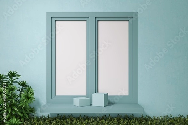 Fototapeta Minimalist teal window with plants and geometric cubes, 3D render