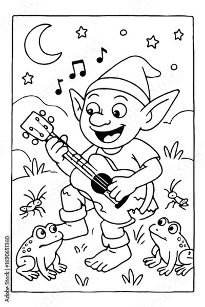 Fototapeta A cheerful elf playing the ukulele for two frogs and crickets at night, a whimsical fantasy coloring page for children.