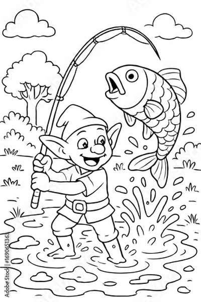 Fototapeta A cheerful elf happily catching a giant fish in a river, a fun and whimsical fantasy coloring page for children.