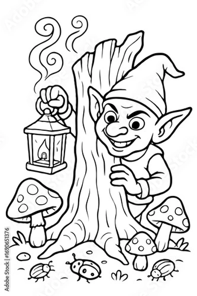 Fototapeta A sneaky little goblin holding a lantern, hiding behind a tree stump in a mushroom forest, a Halloween coloring page.