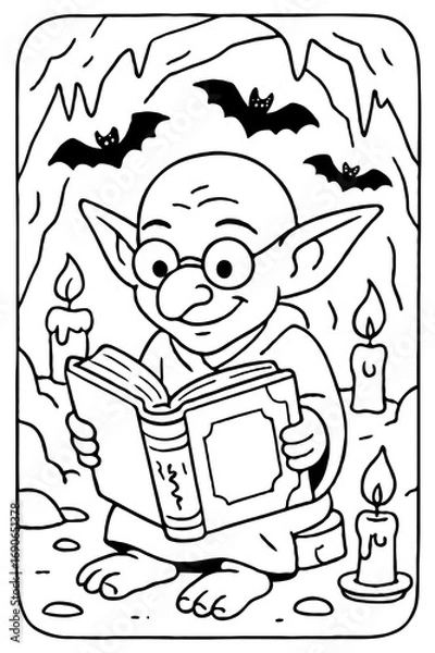 Fototapeta  A friendly little goblin wearing glasses, reading a magic spellbook in a spooky, candlelit cave, a Halloween coloring page.