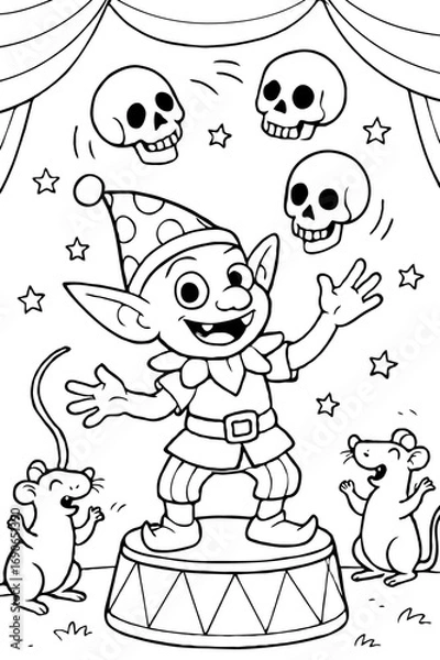 Fototapeta A cheerful Halloween goblin clown juggling skulls on a circus stage, a fun spooky coloring page for children.