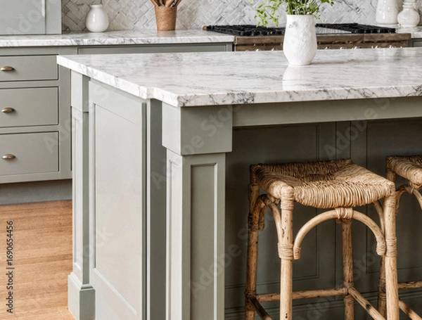 Fototapeta A sage green farmhouse-style kitchen island is finished in sleek white marble. Neatly placed rattan bar stools stand out, highlighting the textures of the marble and wood flooring. This creates a coz