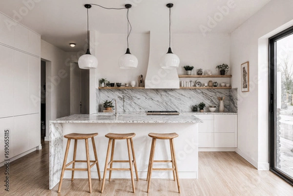 Fototapeta Scandinavian Modern Kitchen with White Island, Wooden Stools, and Minimalist Lighting
