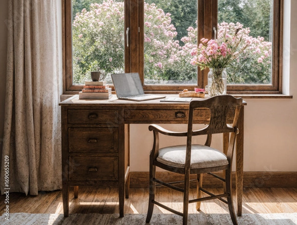 Fototapeta Cozy Home Office with Wooden Desk, Garden View Windows, and Natural Light