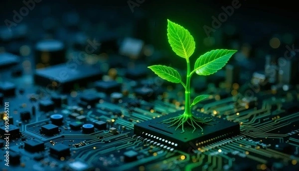 Fototapeta Vibrant green seedling sprouts from futuristic circuit board symbolizing tech growth and innovation