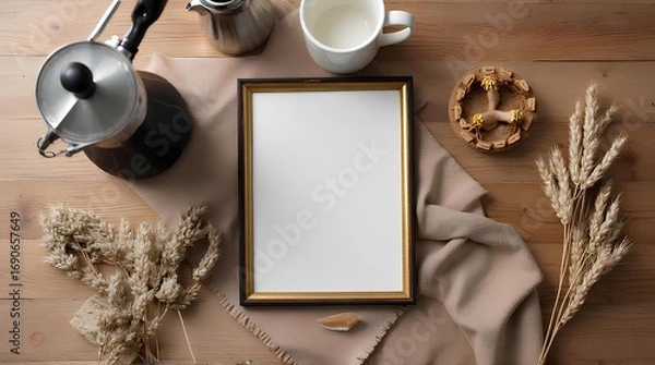 Fototapeta Small empty picture frames placed on a wooden background surrounding a coffee cup, coffee maker and vintage rice.