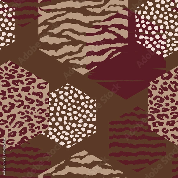 Fototapeta Abstract geometric seamless pattern with animal print and hexagons.