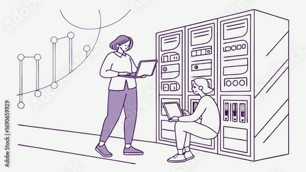 Obraz Two colleagues working together on laptops in a server room concept illustration.