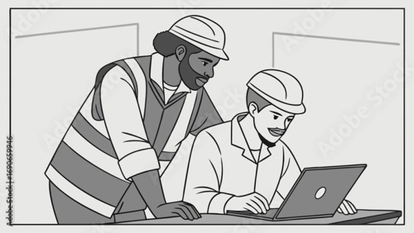 Obraz Two construction workers reviewing project plans on a laptop.