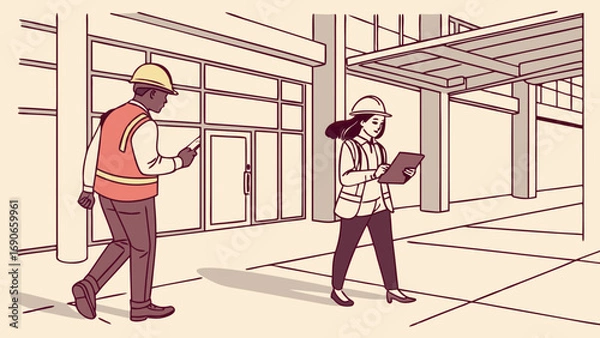 Obraz Two Construction Workers Walking and Using Technology Outdoors.